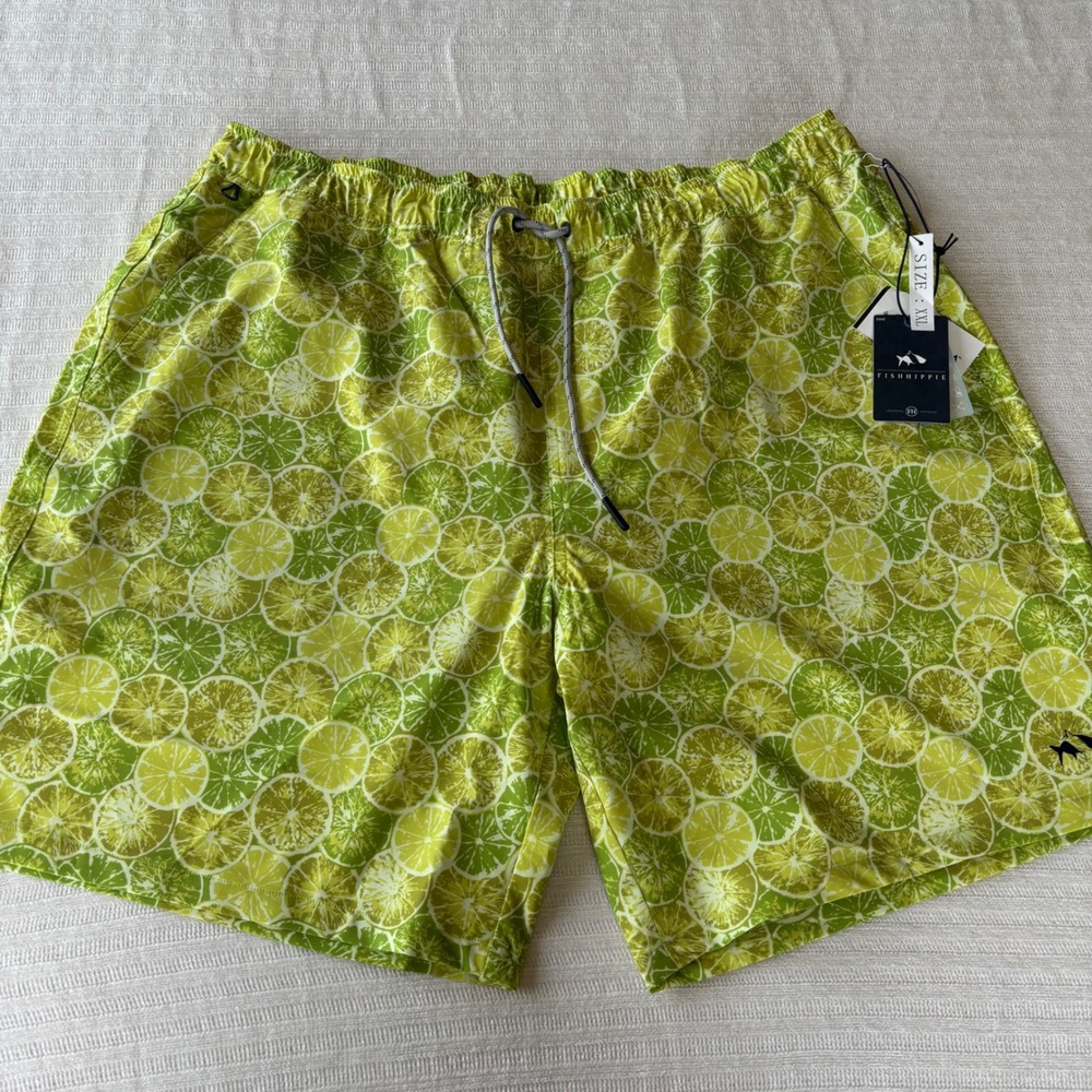 Fish Hippie Co Mens XXL Lime Citrus Print Volley Swim‎ Trunks 8 Inch